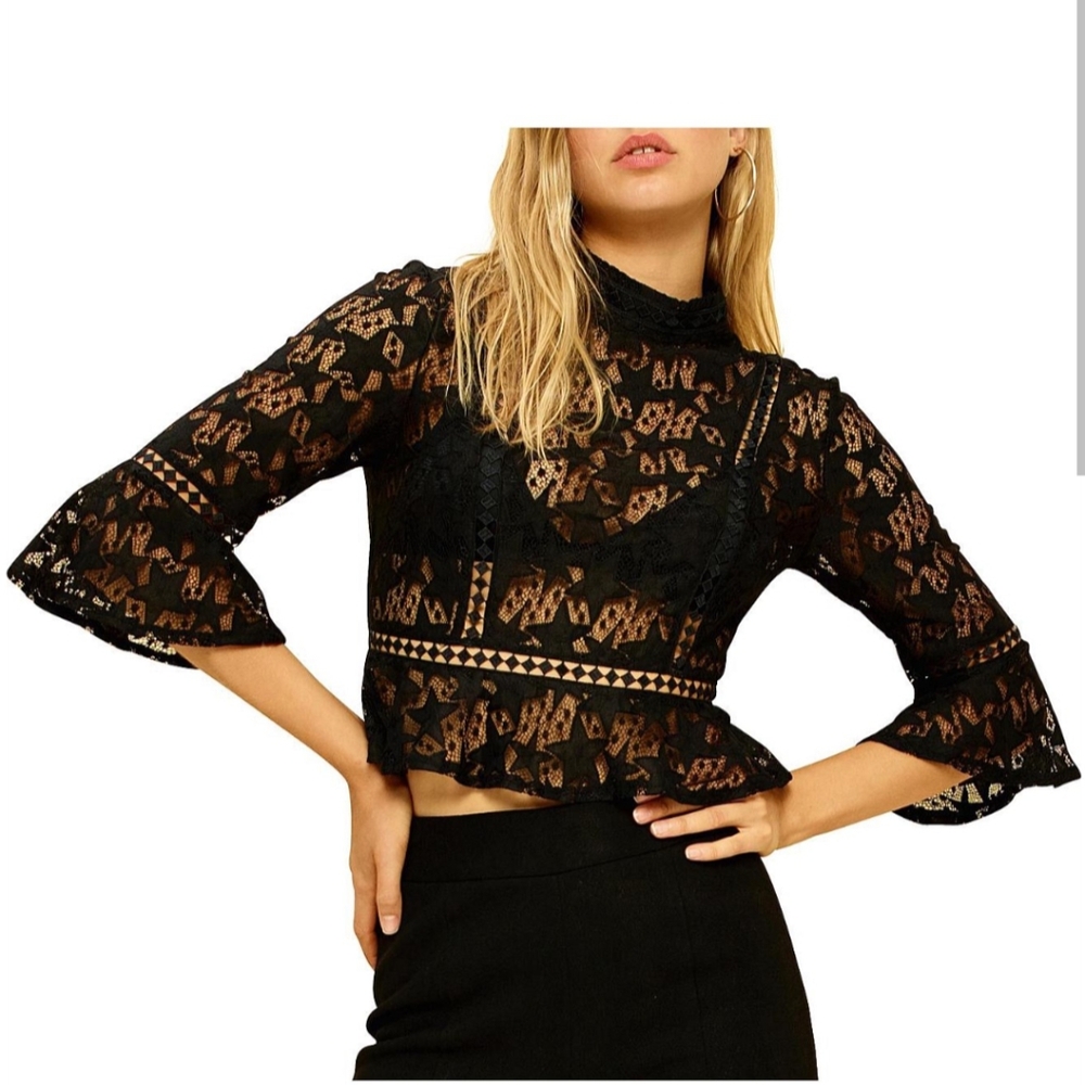 MINKPINK bell sleeve black star lace top